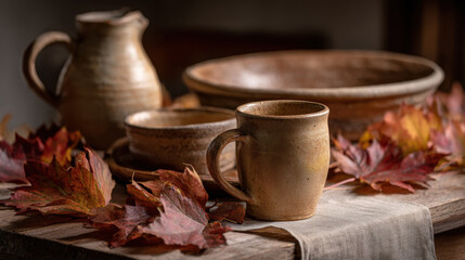 handcrafted clay pottery elegantly displayed on wooden surface surrounded by vibrant autumn leaves