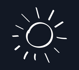 Doodle Chalked Sun on black background. Children contour Sunrays. Hand drawn Sunbeams. Linear weather. Brightness, happiness. Warmth, positivity. Isolated drawing on chalkboard. Vector illustration