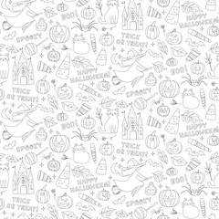 Fototapeta premium Halloween Seamless Doodle Pattern with Witches, Cats, Pumpkins and Candy Background. Cute Digital Paper Jack-o-Lanterns and Trick or Treat and Lettering Cozy Spooky Flat Cartoon Vector Illustration