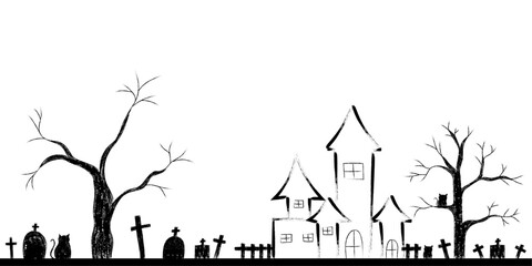 halloween silhouette and doodle scene with haunted house, trees, graveyard, black cat and copy space