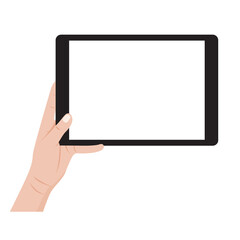 Hand holding digital tablet with blank screen isolated on white background. Vector illustration.