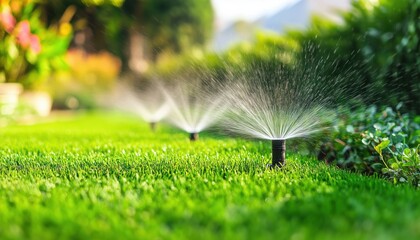 Modern Automatic Sprinkler Irrigation System For Watering Grass And Lawn In Garden, Provided By Professional Garden Service For Beautiful Landscape.