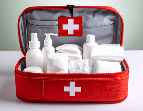 A generic first aid kit with an open lid, revealing neatly organized sterile bandages and antiseptic wipes.