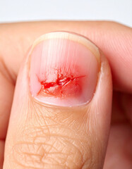 A detailed view of cracked, oozing skin around a nail wound surrounded by redness and swelling.