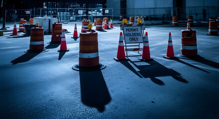 Roadwork Ahead Safety Cones And Permit Sign At Night Construction Site
