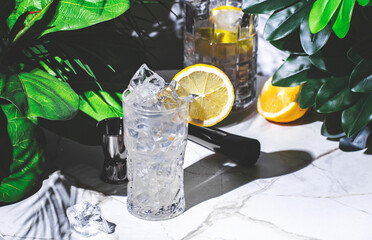 non-alcoholic gin free tonic cocktail or mocktail with juniper syrup, lemon juice, tonic water and...