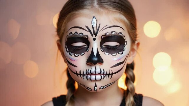 little caucasian girl with sugar skull makeup on blurred bokeh background. concept of Halloween or day of the dead.