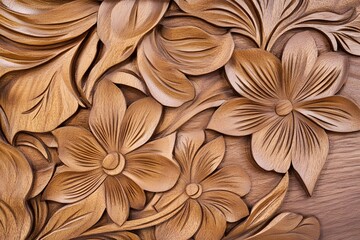 Stylized engraved wood pattern, floral-inspired carved details in subtle relief with warm tones and clear composition.