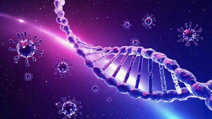 virus particles and twisted double helix dna molecule float in a microscopic environment - Powered by Adobe