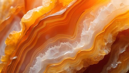 Close up macro view of translucent orange agate layers and crystal formations