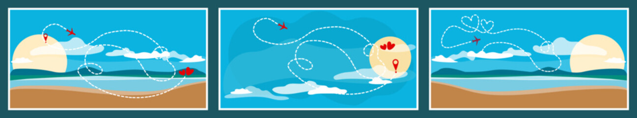 Set of seascapes in flat style. Airplane with trajectory on blue sky. Vector isolated horizontal backgrounds with copy space. Red geolocation sign on yellow round sun. Wedding travel symbol for lovers