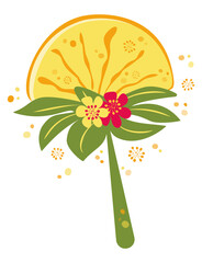 Orange lollipop in flat style. Vector stylized drawing of isolated sucking candy in flat style surrounded by bubbles. Citrus sweet for children's parties and birthdays