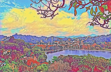 Tranquil Kandy Lake Reflecting Lush Hills and Urban Charm.