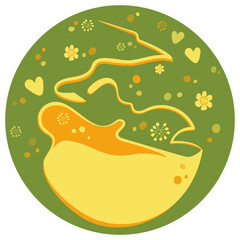 Cafe, restaurant sign emblem with copy space in flat style. Bowl with aromatic drink surrounded by flowers, hearts on green circle with bokeh circles. Vector template healthy and wholesome plant food.