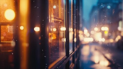 Rainy night city scene, warm interior glow seen through a wet window - Powered by Adobe