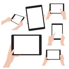 Set of hands holding digital tablet with blank screen. Vector illustration.