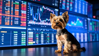 A Yorkshire Terrier sits before a wall of financial data screens