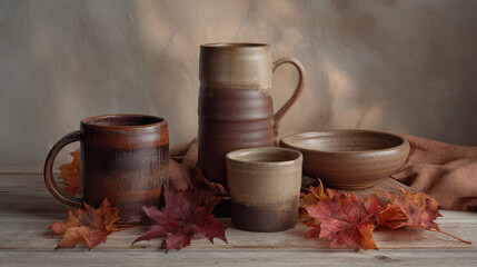 handcrafted clay pottery elegantly displayed on wooden surface surrounded by vibrant autumn leaves