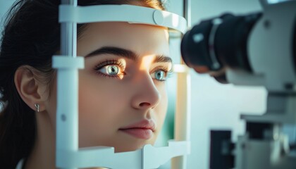 Ophthalmologist Exam For Eye Health And Sight Improvement: Astigmatism Assessment With Cutting-Edge Diagnostic Technology. Glamorous Girl In Clinic Portrait.
