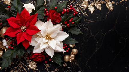 vintage bouquet featuring poinsettias, holly and roses on a black canvas