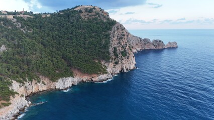 Coastal rocky landscape. Cliffside forest coastline Coastal rocky