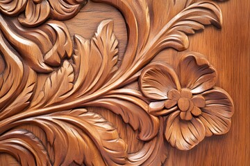 Stylized engraved wood pattern with floral-inspired carved details in subtle relief, warm tones, and clear composition.