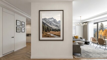 Framed Mountain Landscape Artwork Displayed on a Neutral Wall in an Upscale Interior