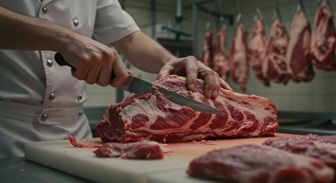 Professional butcher skillfully slicing fresh red meat in a commercial kitchen environment with diligence