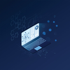 Isometric Laptop with Digital Interface and Futuristic HUD – Blue Vector Illustration