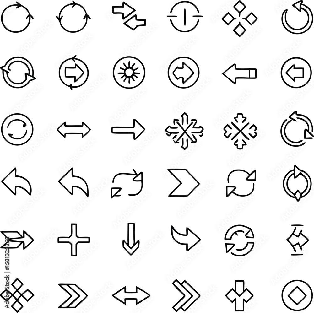 Poster minimalist black line art arrows set various directions circular curved symbols design elements