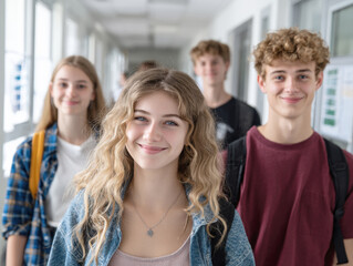 Fototapeta premium A group of happy students, with a young woman prominently in the foreground, smiling confidently as they walk through a bright school hallway, ready for new educational experiences