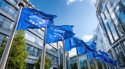 European Union Flags Waving Outside Modern Office Buildings