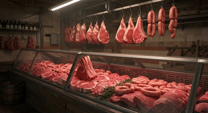 Butcher shop showcase featuring fresh raw meat cuts, sausages and aged bottles of wine behind