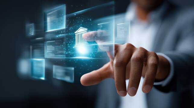 Finger Touching Virtual Bank Interface With Floating Icons