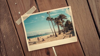 Nostalgic Beach Day A Taped Polaroid on Rustic Wooden Texture for Summer Memories and Travel Dreams