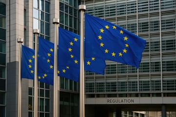 EU Flags Outside Modern Government Building With Regulation Sign