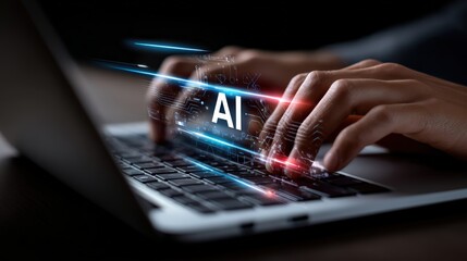 Hands Typing on Laptop with AI Text and Futuristic Light Trails