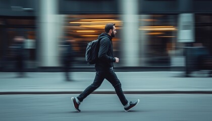 Man Striding Quickly Along The Gray Sidewalk In A Hurry.