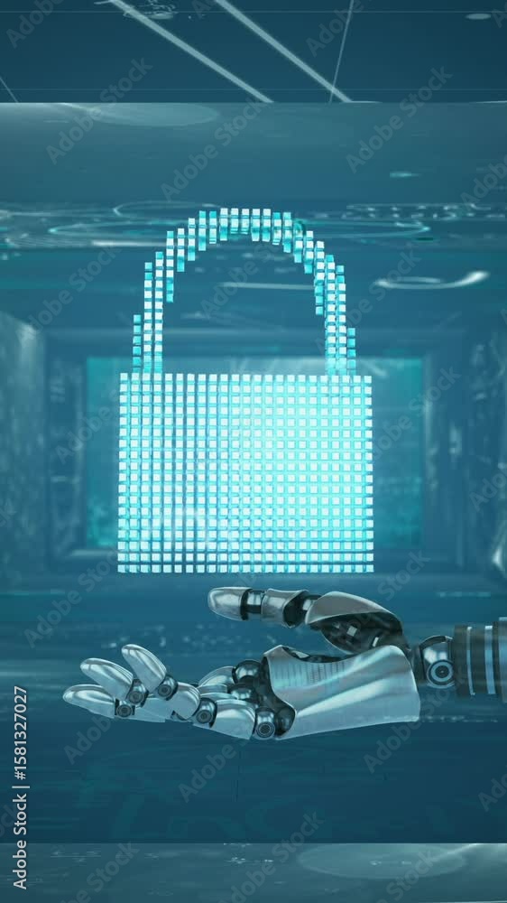 Poster animation of robotic arm with padlock over mathematical symbols