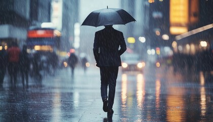 Businessman Walking On The Street In The Rain With A Title Of Man Braving The Elements: Businessman Walking In The Rain On The Street.