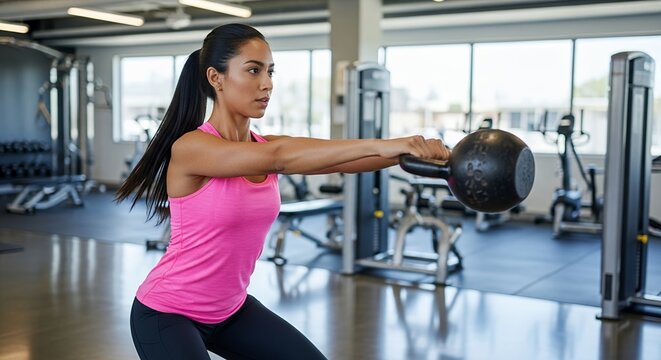 Woman performing kettlebell exercise in gym