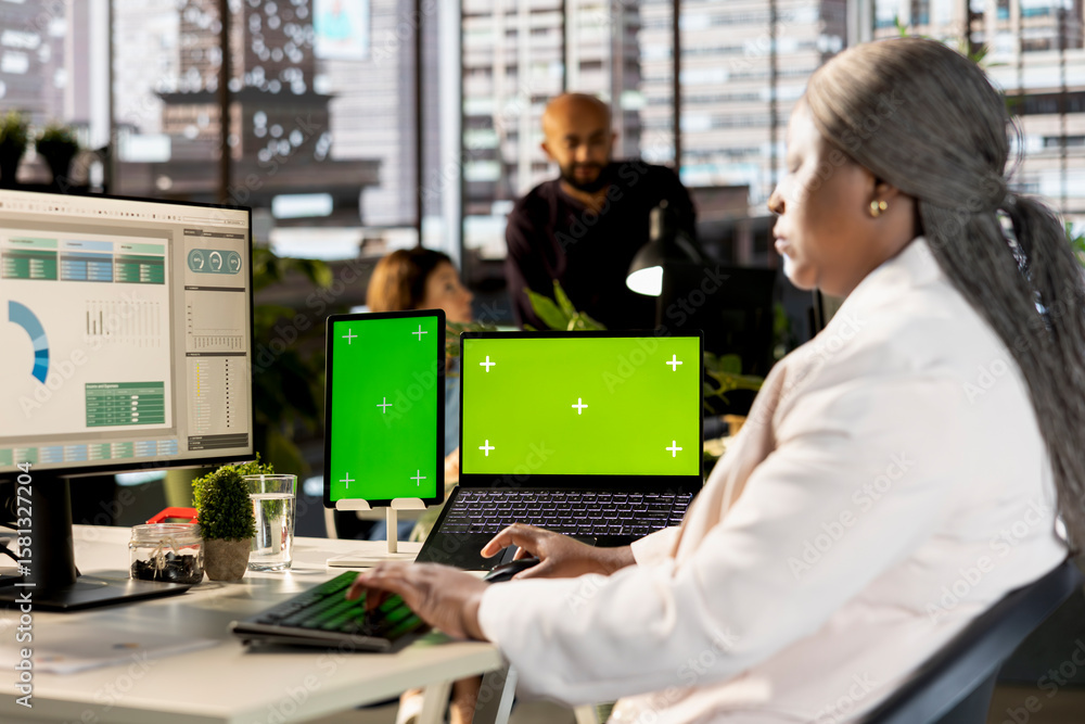 Poster business professional working on financial report next to chroma key screen at desk, planning a new 