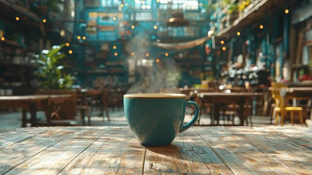 Steaming coffee cup on wooden table in outdoor cafe
