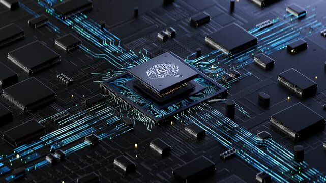 AI chip on a circuit board. Symbolizes technological advancement and artificial intelligence integration. 3d rendering, conceptual image.