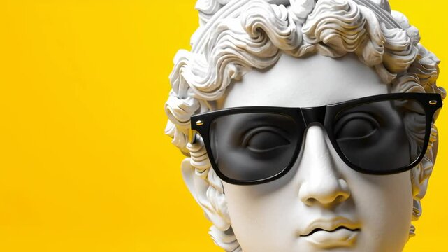 White ancient statue of a man wearing modern sunglasses on a bright yellow background. Stylish pop art concept footage.