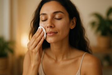 Woman Cleaning Face With Cotton Pad During Skincare Routine
