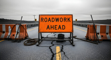 Naklejka premium Roadwork Ahead Sign on a Cracked Asphalt Road with Safety Barriers and Equipment