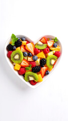 Obstsalat in Herzschale auf weissem Hintergrund 