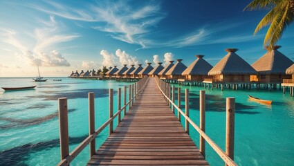 Idyllic overwater bungalows in a tropical paradise with a wooden walkway.