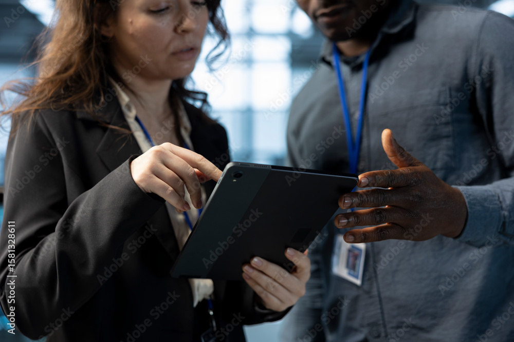 Poster data center software developers using laptop, conducting security audits, preventing errors. close u